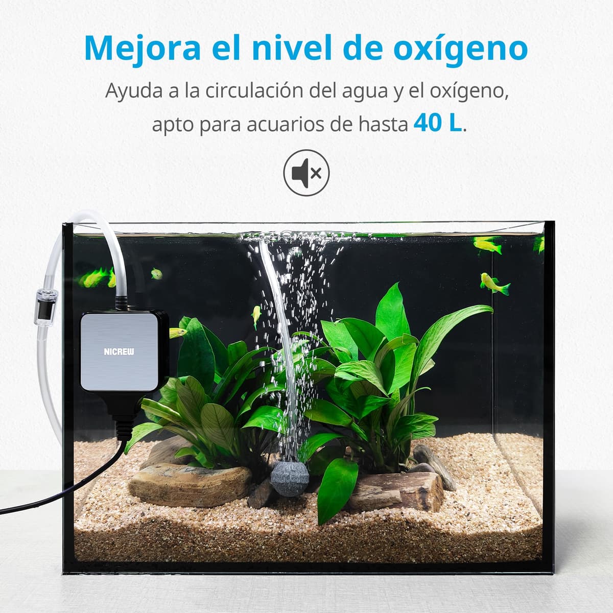 NICREW Oxigenador Acuario Ultra-Silencioso＜33 dB, Nano Bomba de Aire Silenciosa hasta 40 L, Accesorios para Nano Acuario, 18 L/H, 1,5 W — view 2