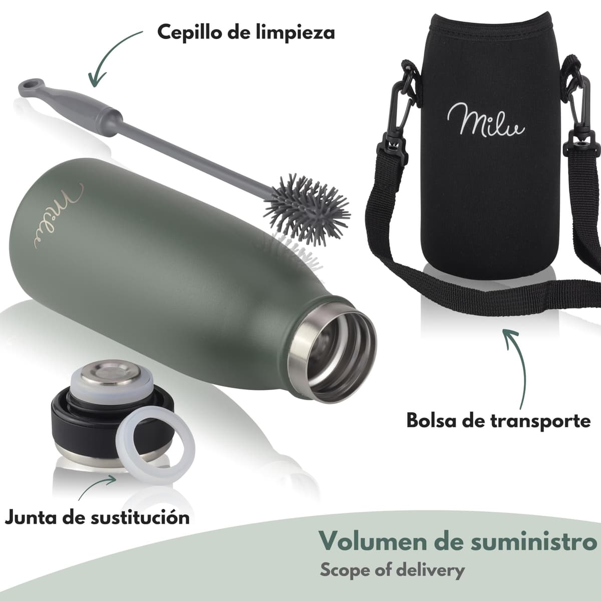 Milu Botella de acero inoxidable de 350ml 500ml 750 ml 1 L 1,5 L botella de agua aislada, termo a prueba de fugas, doble pared, apta para ácido carbónico + cepillo de limpieza (Azul Violeta, 350ml) — view 150