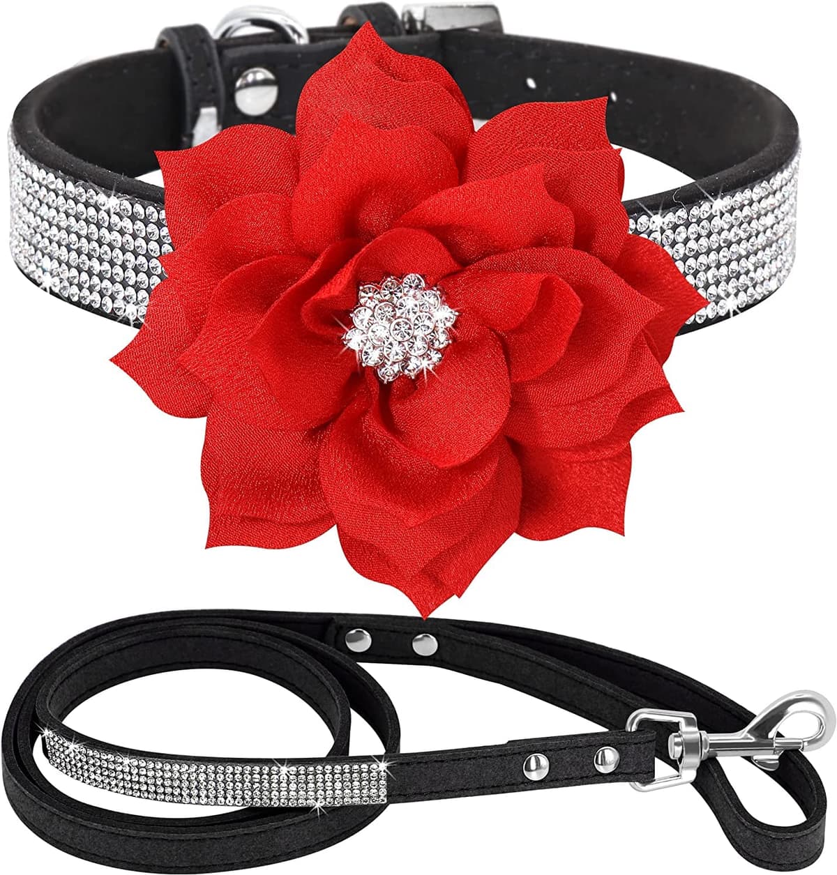 Cute Dazzling Sparkling Elegant Fancy Soft Suede Leather Bling Rhinestone Crystal Jeweled Pet Cat Dog Puppy Collar Dog Leash Combo Set (S, Black-2) — view 17