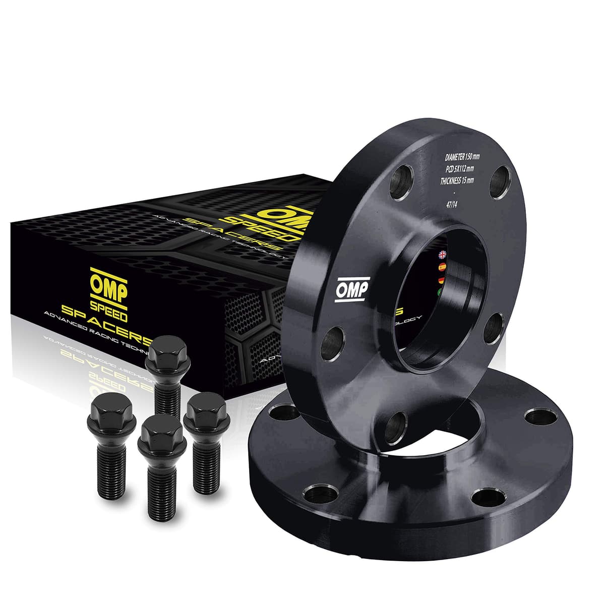 OMP Speed Juego de 2 Separadores Doble Centrado Grosor: 15mm PCD: 5x114.3 CB: 64.1 OD: 149 Esparragos x10 M12x1.5 Negro Aluminio - OMPS08731501