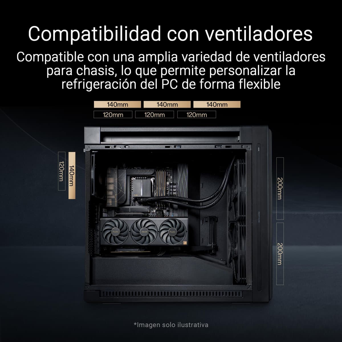 ASUS ProArt PA602 Wood Edition Modern Black - Chasis E-ATX con Panel de Cristal Templado, Compatible con GPU de hasta 440 mm y radiadores de 420 mm, Ventiladores de 140 mm y de 200 mm preinstalados — view 5