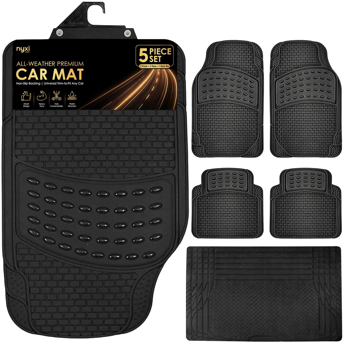 Nyxi 5 Piece Rubber Car Mat XL Boot Mat (Front + Rear + Boot Mat 137cm X 110cm) Universal Non-Slip Deep Dish Heavy Duty for Cars SUV Truck and VAN, Water Proof, All Weather — view 11