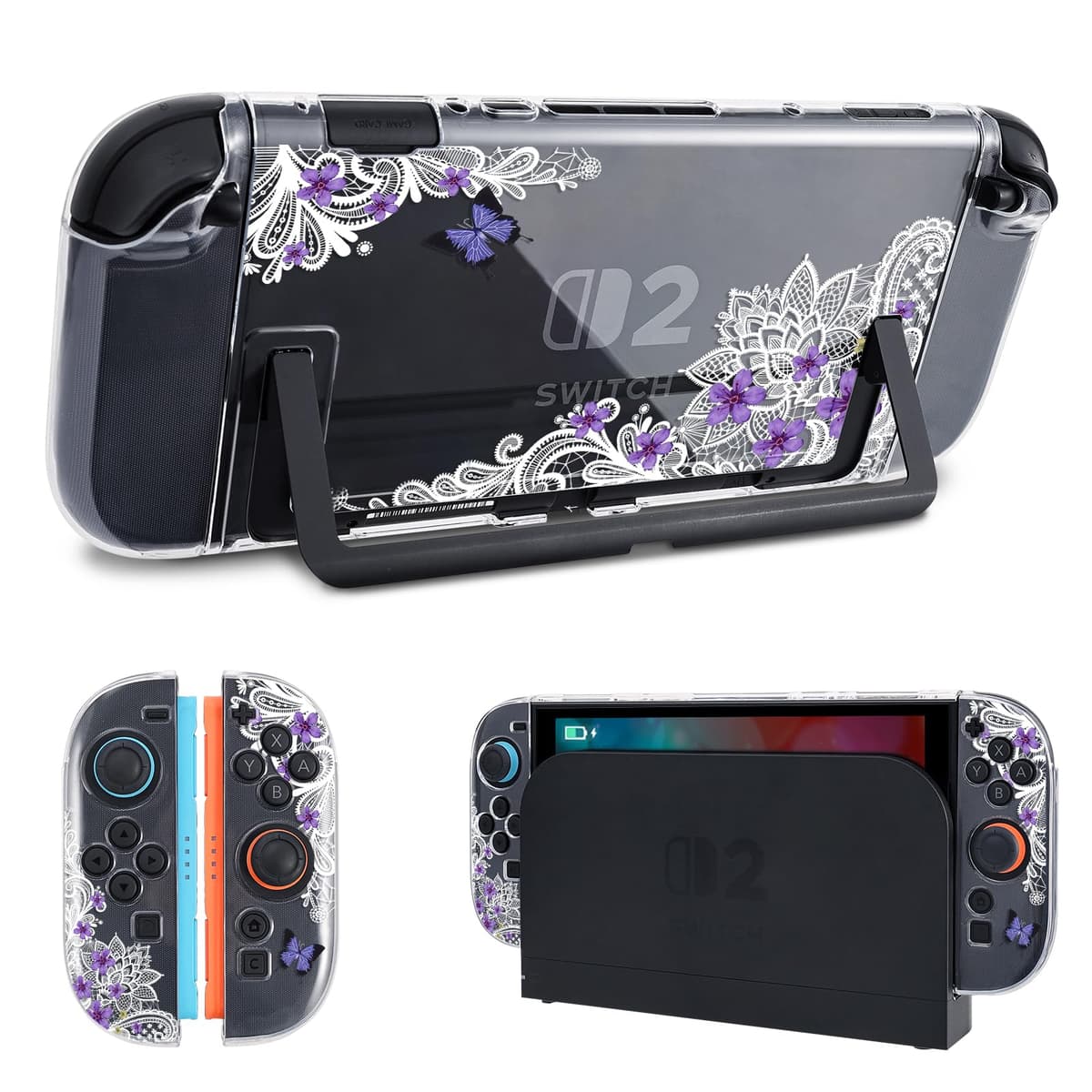 DLseego Clear Case Compatible with Switch 2,Anti-Scratch Slim Cover Case Pretty Printed Flowers PC Hard Protective Shell for Switch 2 with 2 Soft Joy-C Handle Cover,Butterfly Lace