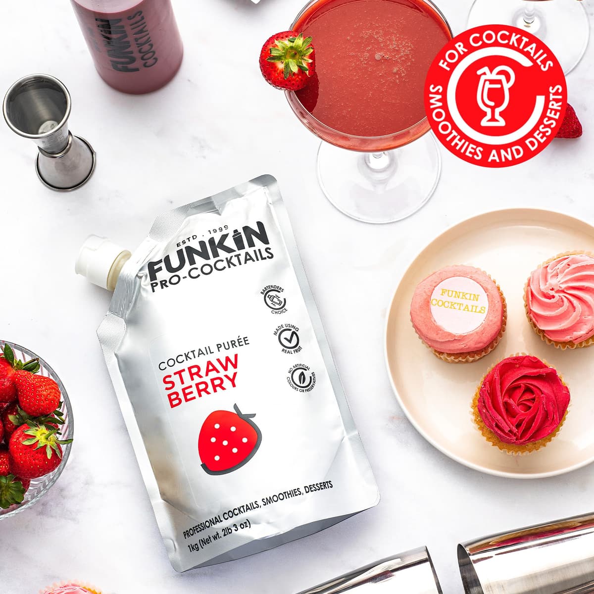 FUNKIN Strawberry Puree Cocktail Mixer | Made with Real Fruit | Fresh Fruit Puree for Professional Cocktails, Smoothies, & Desserts | 0% ABV | Resealable Pouch | 1kg, Pack of 5 — view 4