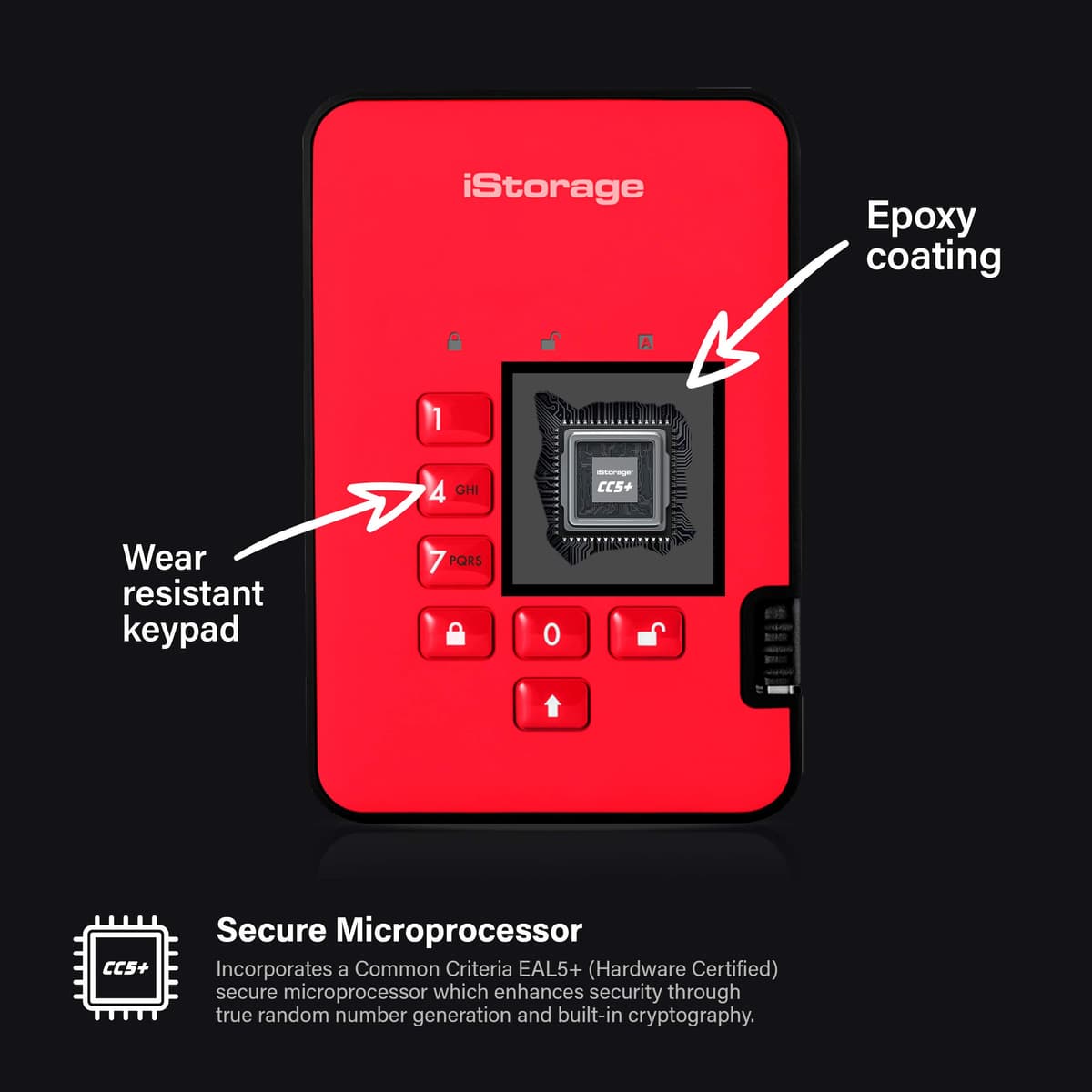 iStorage diskAshur2 SSD 256GB Red - Secure portable solid state drive - Password protected - Dust & water resistant - Hardware Encryption — view 4