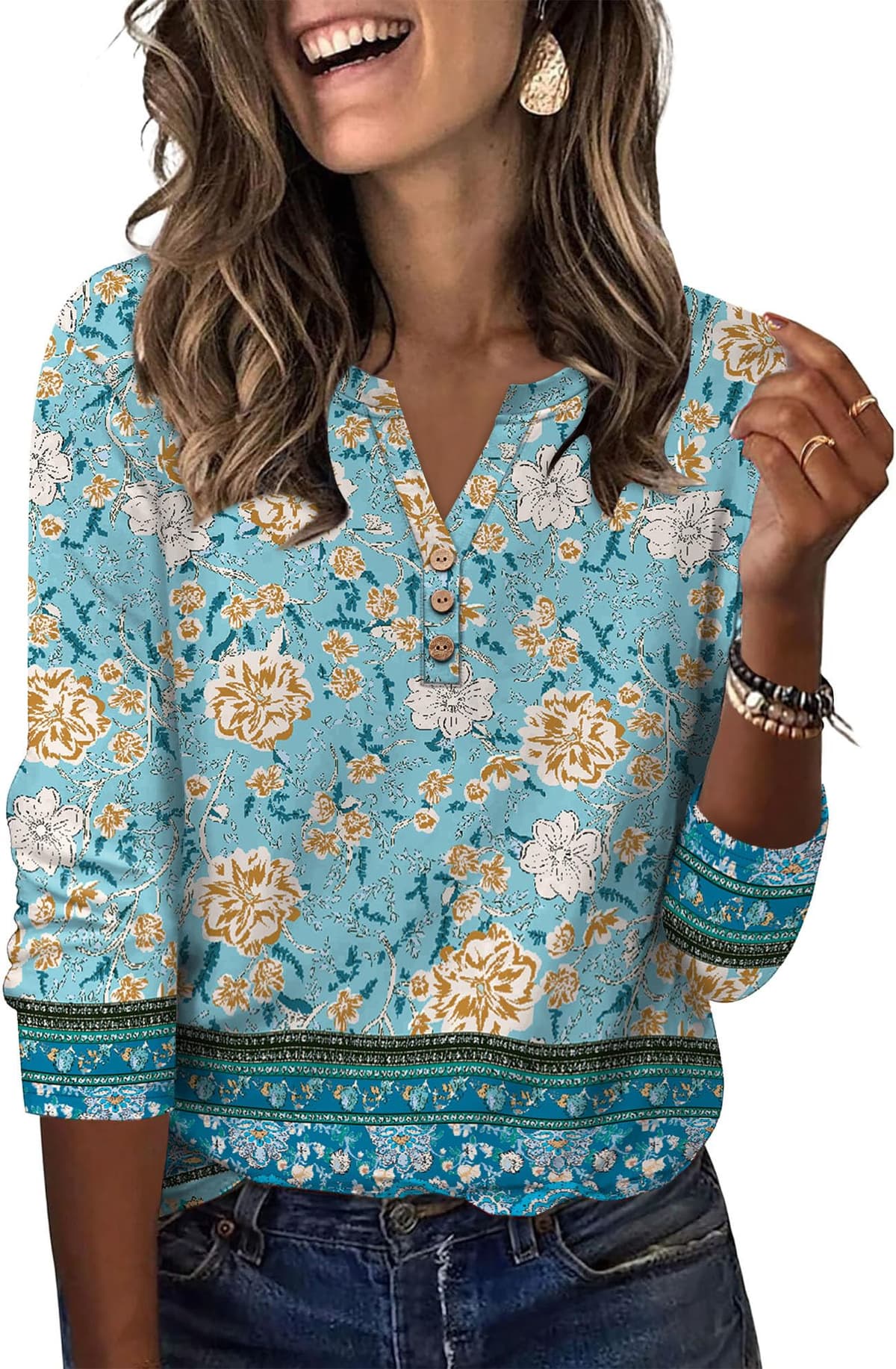 Aokosor Womens 3/4 Sleeve Tops Ladies Blouse V Neck Tunic Long Sleeve T Shirts Curved Hem Office Wear — view 16