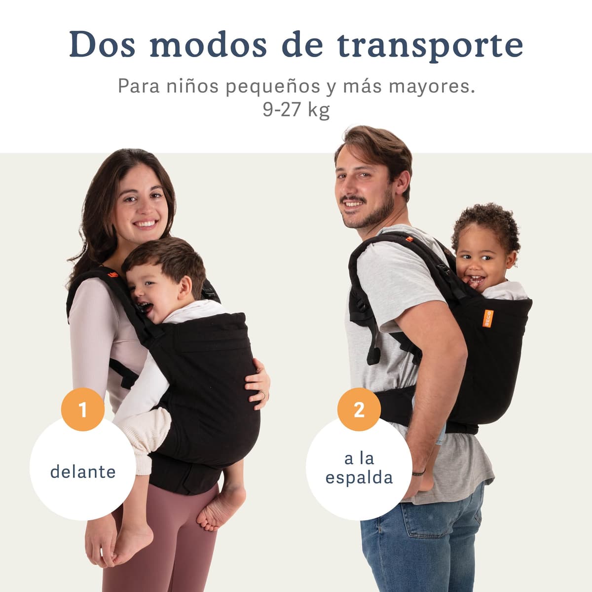 Beco Mochila porteo para niños con asiento extra ancho 100% algodón - Mochila para cargar niños liviana y respirable para usar en espalda o hacia el frente, Soporta niños de 9 a 27 kilos (Negro Pleno) — view 2