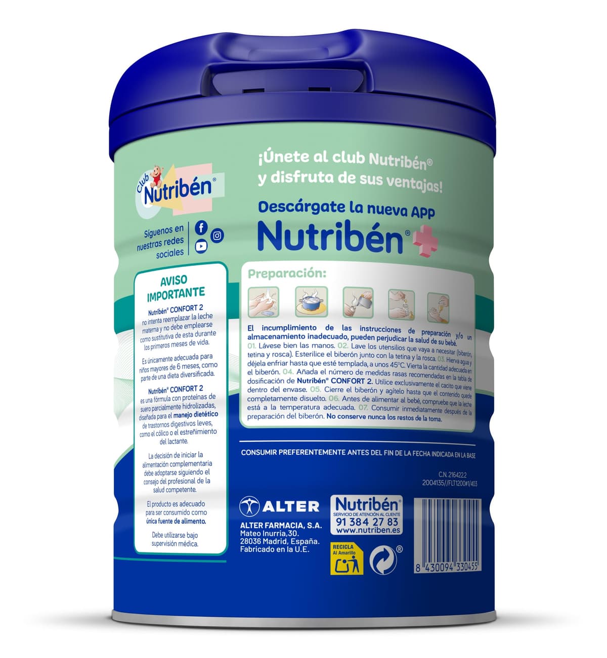 Nutribén Confort 2 - Leche en Polvo Bebé Anticólicos y Antiestreñimiento desde el Sexto Mes | Fuente de Aminoácidos y Péptidos | sin Aceite de Palma | con Cacito Dosificador | 1 Bote de 800g — view 2
