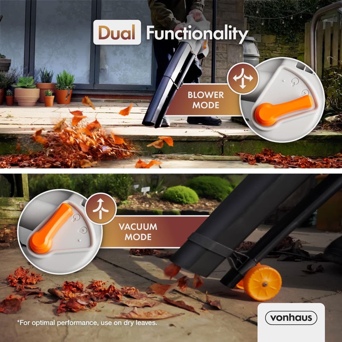 VonHaus Leaf Blower and Vacuum 3000W – Corded Leaves Collector, Clear Gardens, Patios, Gutters, Driveways & More – Lightweight, 10m Cable, Shoulder Strap, Wheels, 35L Collection Bag – 3 Year Warranty — view 2
