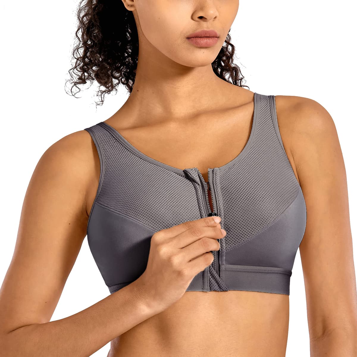 SYROKAN Women's Sports Bra High Impact Front Fastening Zipper Wireless Post Surgery Support Workout Bra — view 9
