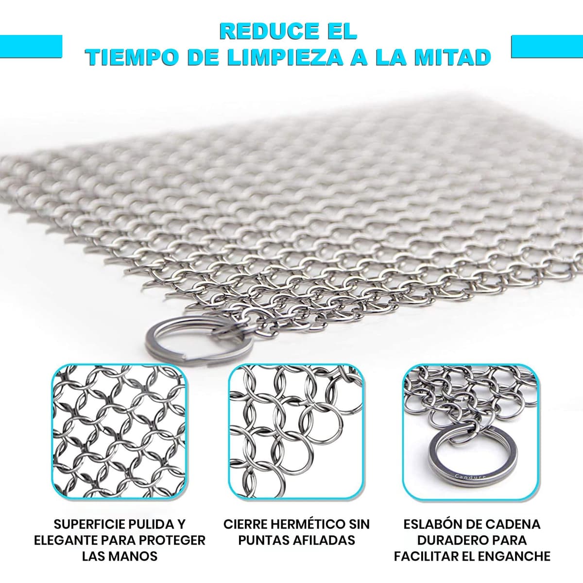 Candure Limpiador de Hierro Fundido - Acero Inoxidable de 17 x 17 cm Depurador de COTA de Malla para Todo Tipo de Parrillas, Sartenes, Parrillas y Hornos Holandeses — view 4