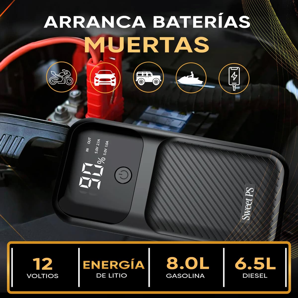 Sweet Car and Motorcycle Battery Jump Starter 8000A | Portable Car Jump Starter (Petrol and Diesel) with Screen and Flashlight 4 Modes| Quick Charge 30W | Battery Booster 12V | Includes Case and USB — view 3