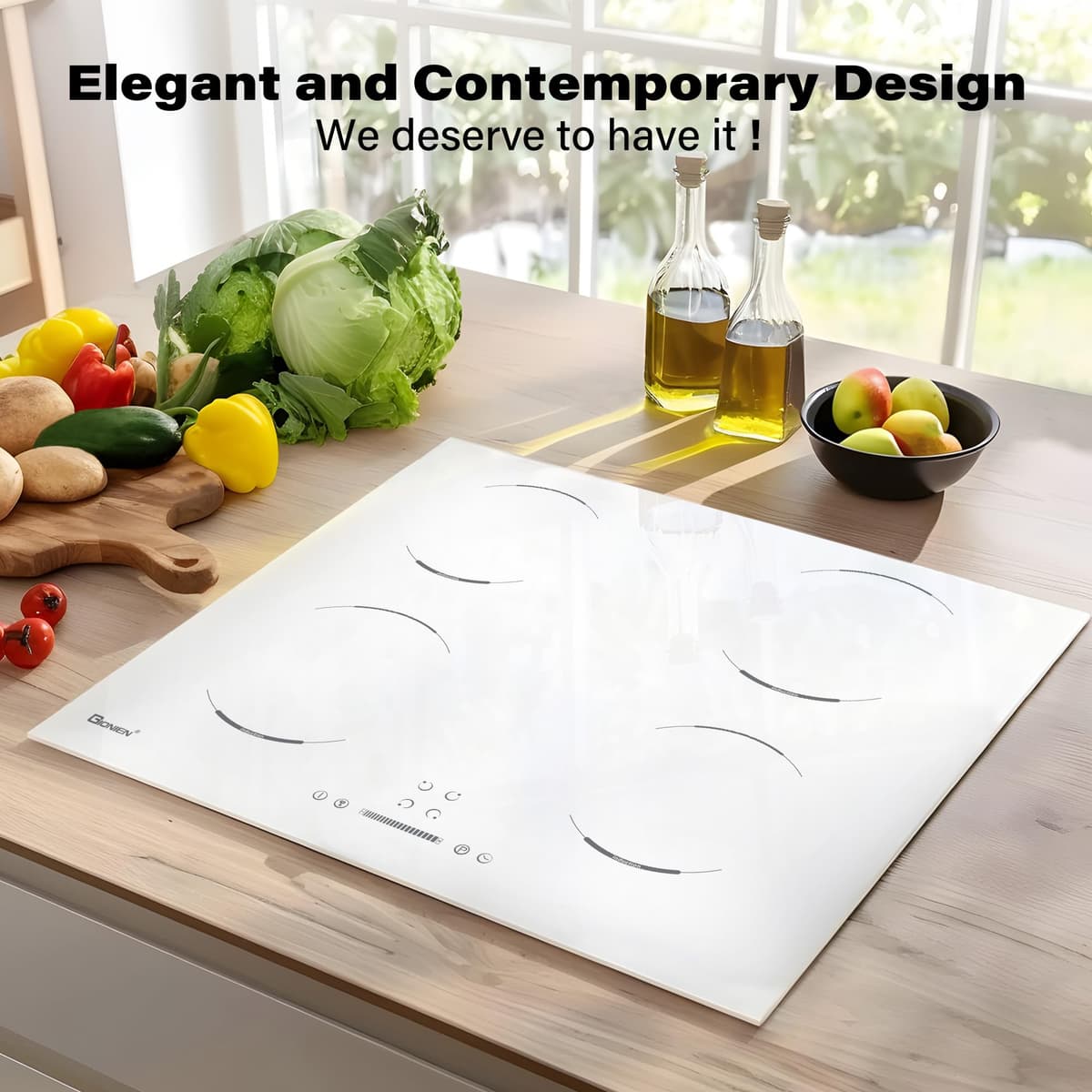 GIONIEN Induction Hob 60cm,4 Burners Electric Cooktop, 4 Zone Cooker, Child Lock,White Ceramic Glass,Built-in Worktop,Timer,Auto Switch Off,6400W — view 2