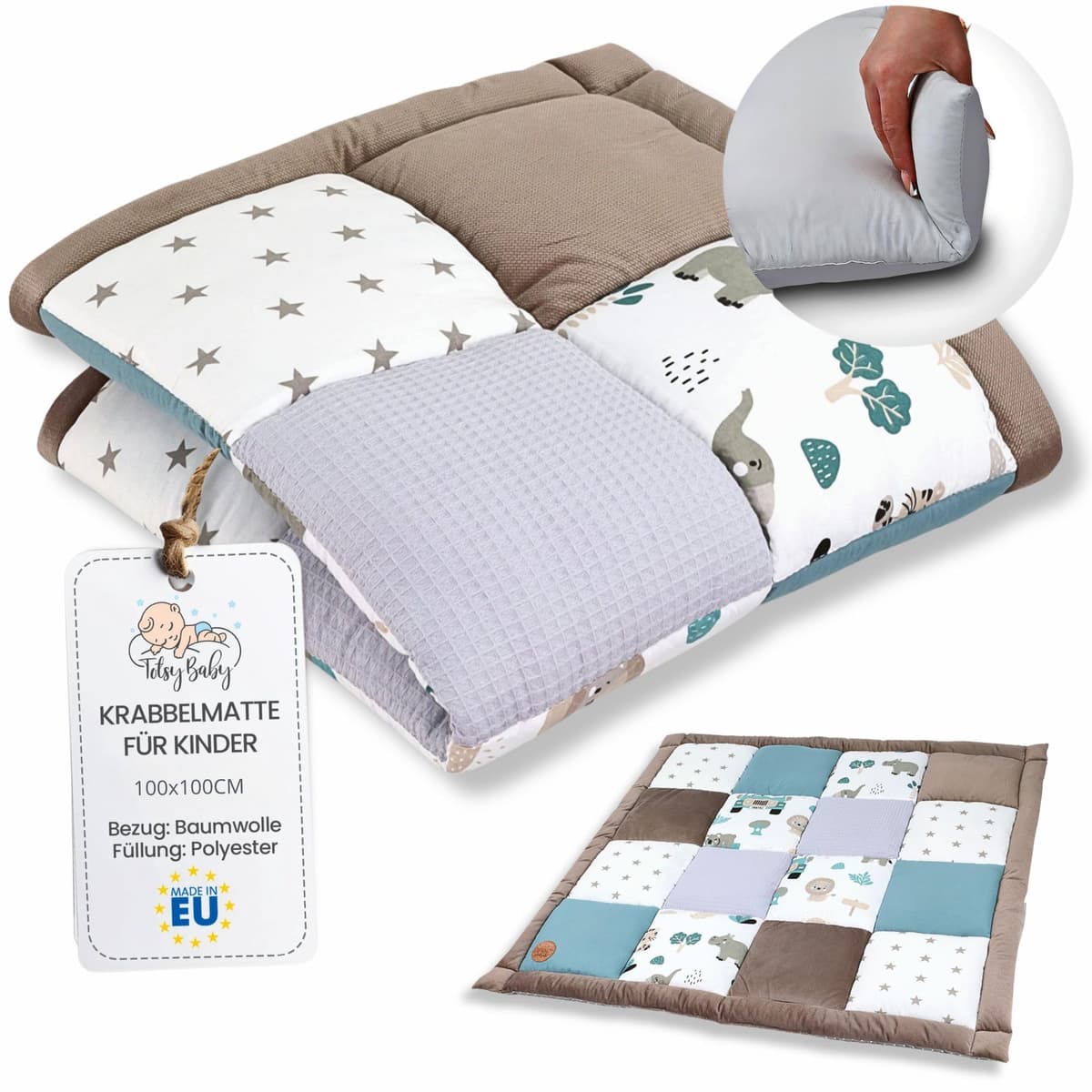 Play Mat for Baby Cotton Playmat Foldable Large - Soft Padded Floor Rug for Kids and Babies Washable Portable mat for Nursery Oeko-Tex certified — view 17