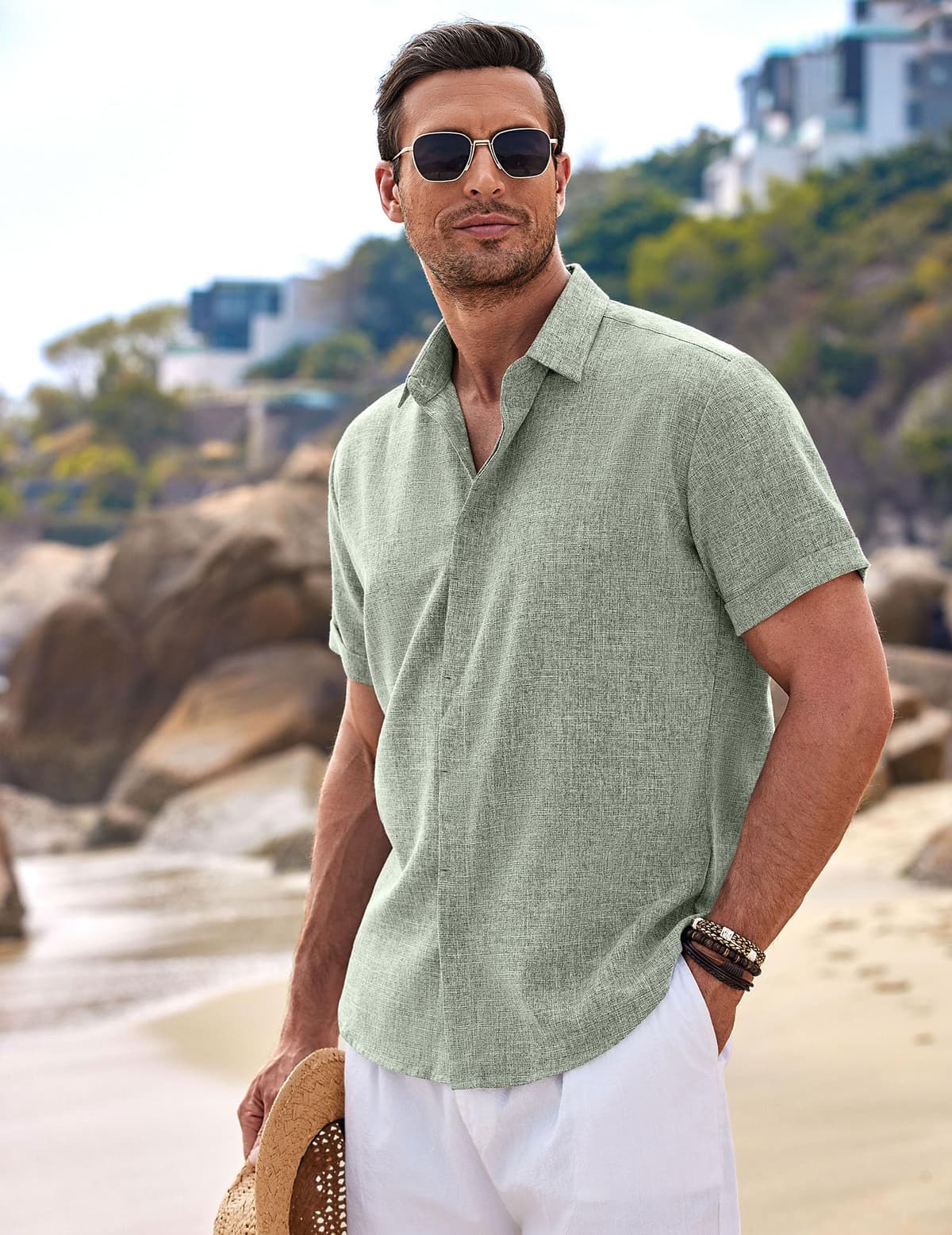 COOFANDY Men's Linen Shirts Short Sleeve Casual Shirts Button Down Shirt for Men Beach Summer Wedding Shirt — view 3