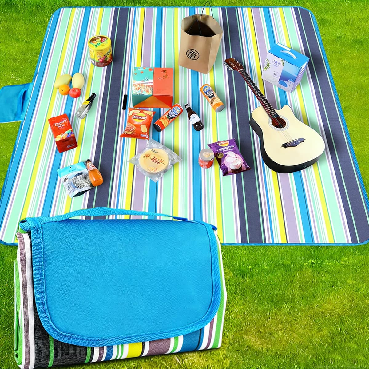 Waterproof Picnic Blanket 200x150cm, Foldable Picnic Rug with Sandproof & Slip-Resistant PVC Backing, Washable Outdoor Beach & Camping Mat with Carry Handle for Garden, Park & Family Outings