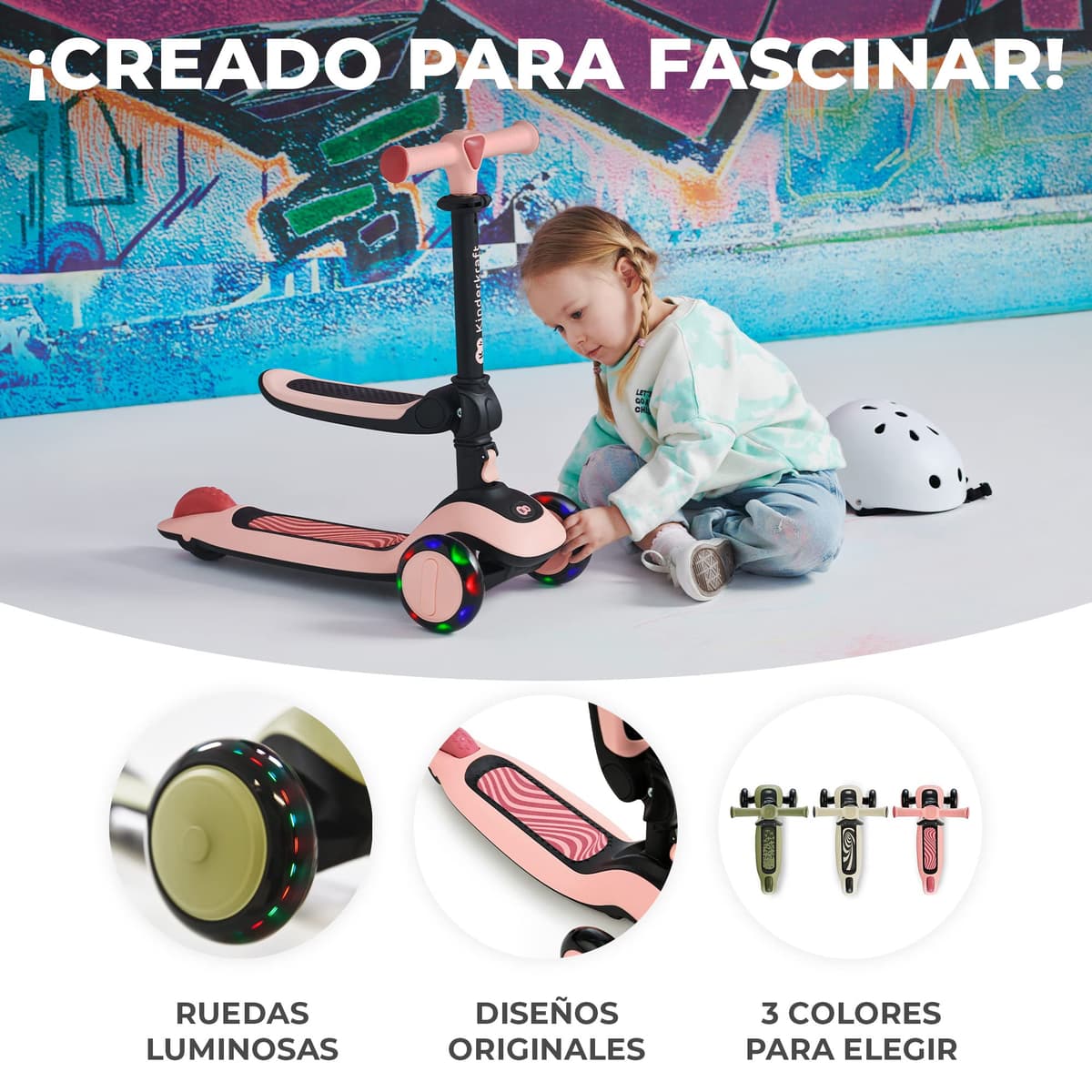 Kinderkraft Halley 2 en 1 Bicicleta sin Pedales y Patinete con Ruedas LED, Manillar Ajustable, Base Antideslizante, Ultraligera y Segura para Niños – Rosa — view 3