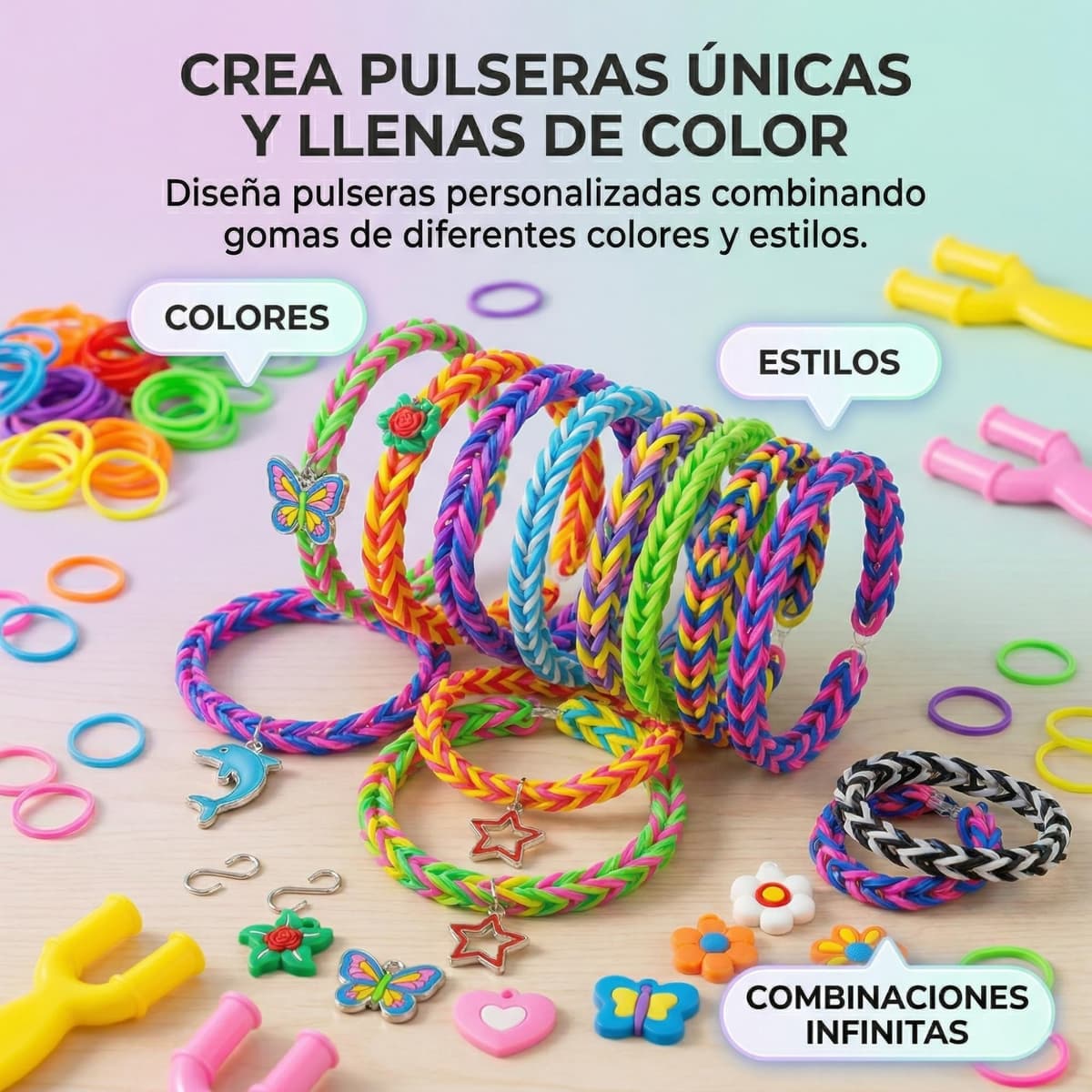 Kit gomas para hacer pulseras de 2000 piezas | Kit pulseras de 24 colores ideal para niña con abalorios y herramientas | Set creativo con cuentas para hacer pulseras, manualidades y regalo original — view 2