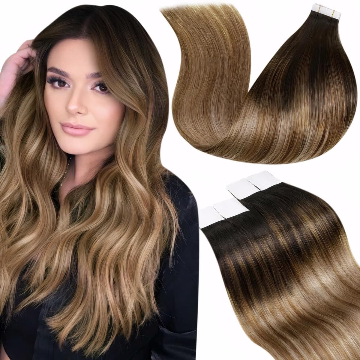 LaaVoo Tape in Hair Extensions Human Hair Blonde Tape Hair Extensions Real Human Hair Invisible Tapes Remy Straight Balayage Brown to Blonde Hair Double Sided Tabs 20pcs 50g 16 Inch #8/18/60 — view 78