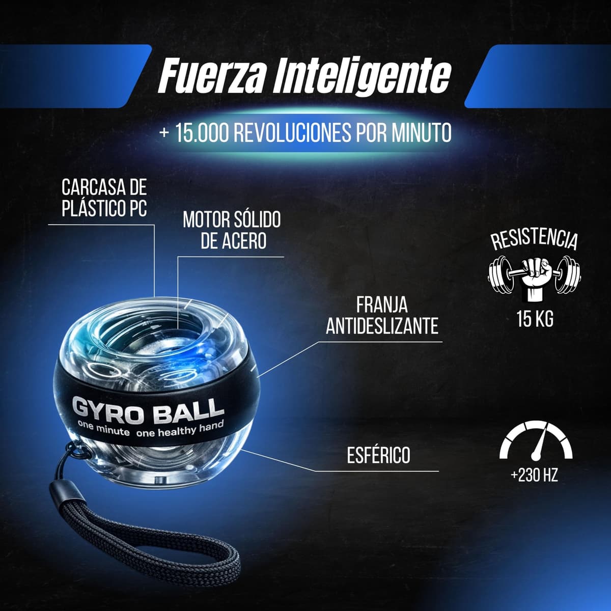 Giroscopio de Mano para Fortalecer Muñeca y Antebrazo PREMIUM PMR SHOP® | Gyro Ball con Inicio Automático y Correa | Ejercitador de Mano Compacto con Funda y Manual — view 3