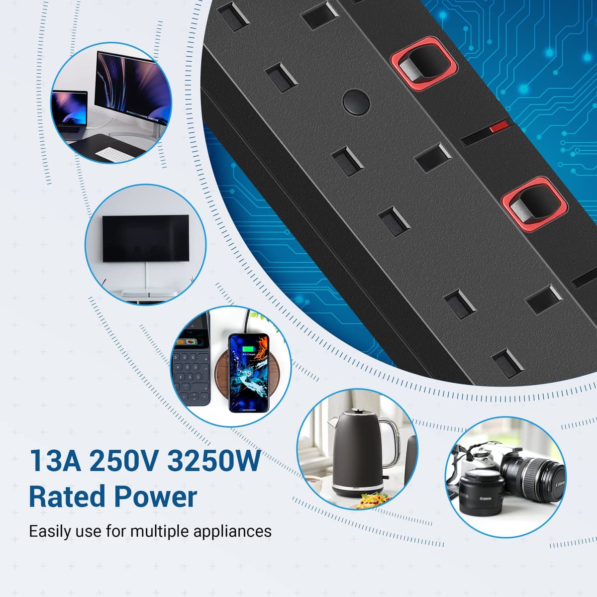 DEWENWILS 6 Way Surge Protected Extension Lead with Individual Switches and Indicator Lights, Extension Cable 3M, 13Amp 6Gang Power Strip Lead, Black — view 3