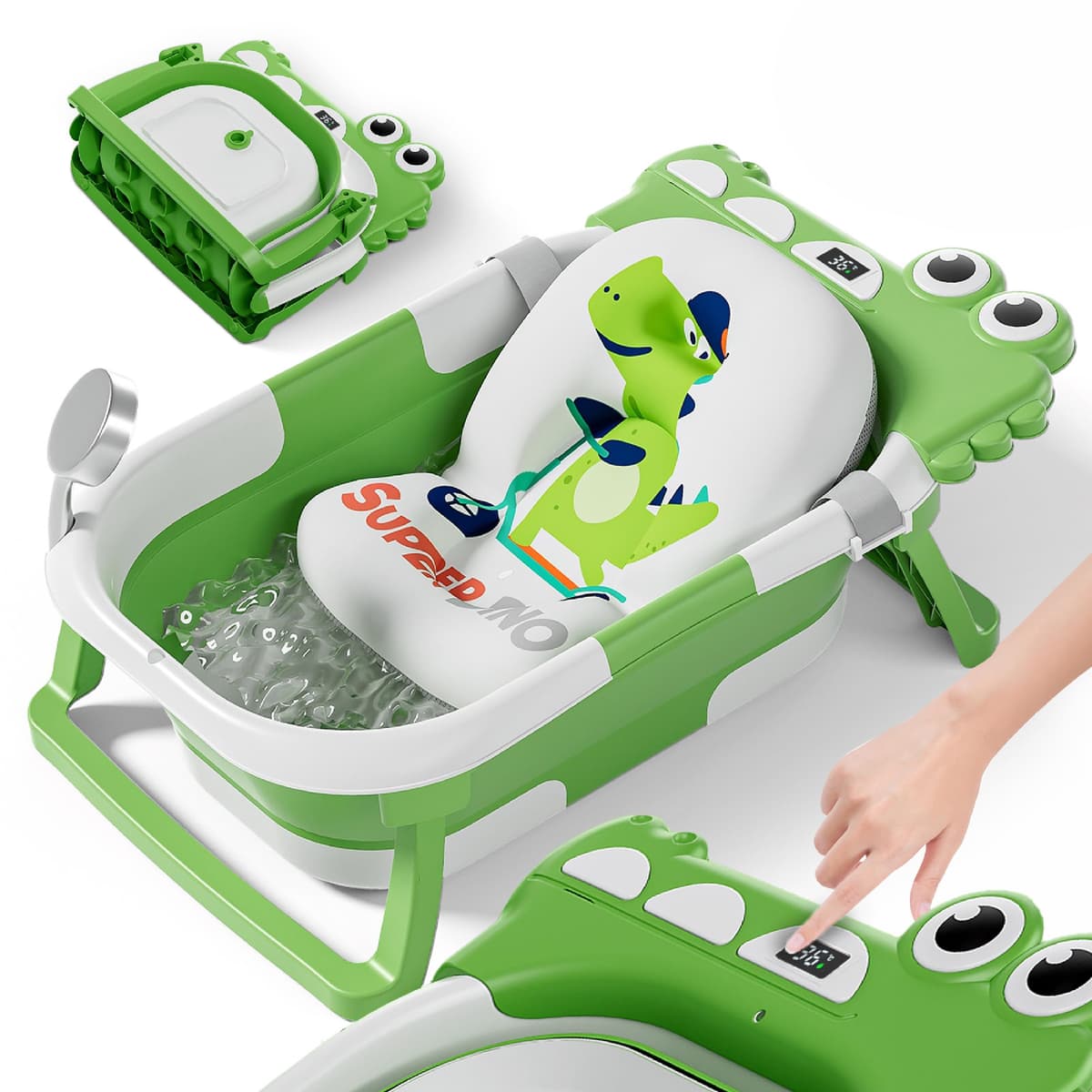 Bañera Plegable Bebé Con Cojín De Baño Antideslizante - Bañera Bebe Plegable Con Termómetro - Asiento bañera Bebe - Desde El Nacimiento Hasta Los 3 Años - Regalos De Nacimiento (GRIS, DINO) — view 10