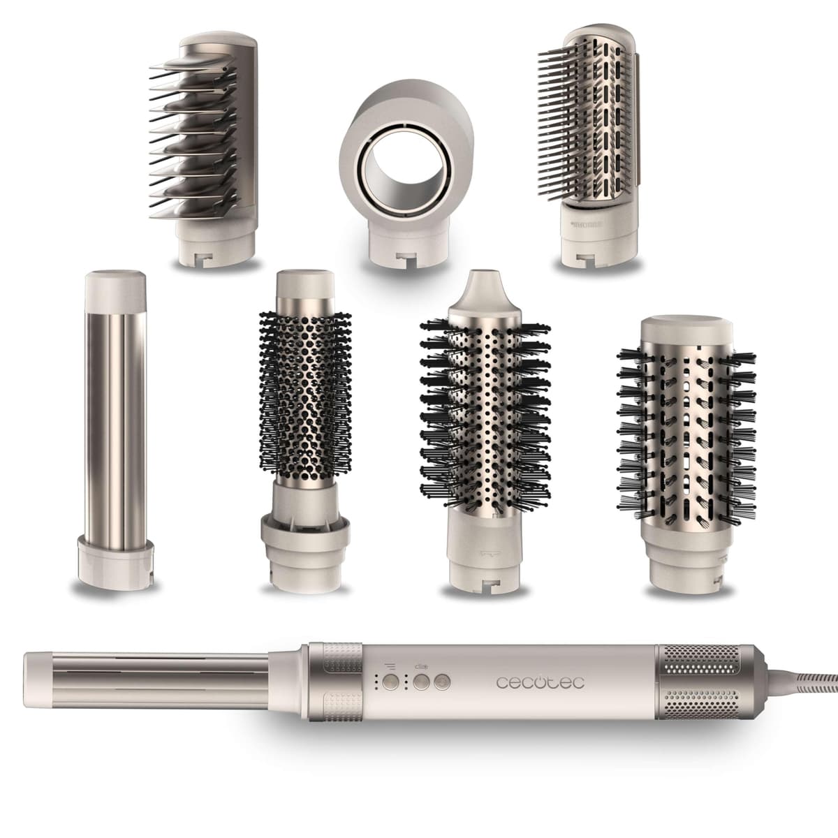Cecotec Cepillo de Aire Secador Moldeador Alisador Multifunción 8 Cabezales CeramicCare AirGlam Champagne. 1400W, Tecnología Coanda, 3 Velocidades, 3 Temperaturas, Control Inteligente Calor, 110000rpm