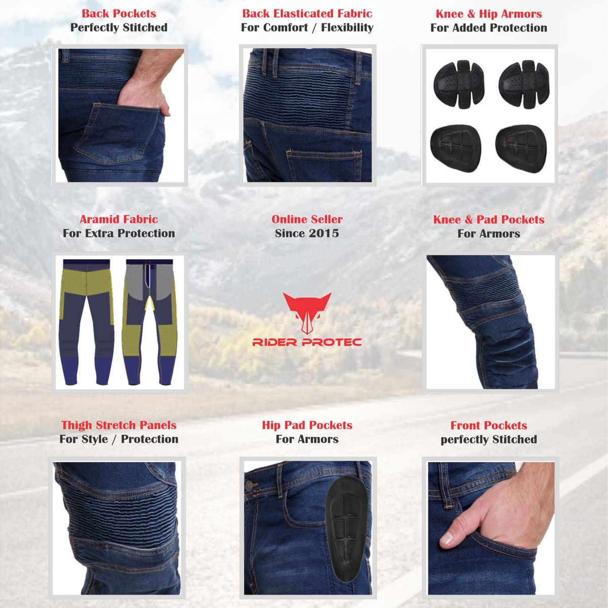 Men's Motorcycle Jeans Aramid Protective Linning Motorbike Denim Jeans Riding Pants with Removable Armour Biker Trousers for Men — view 7
