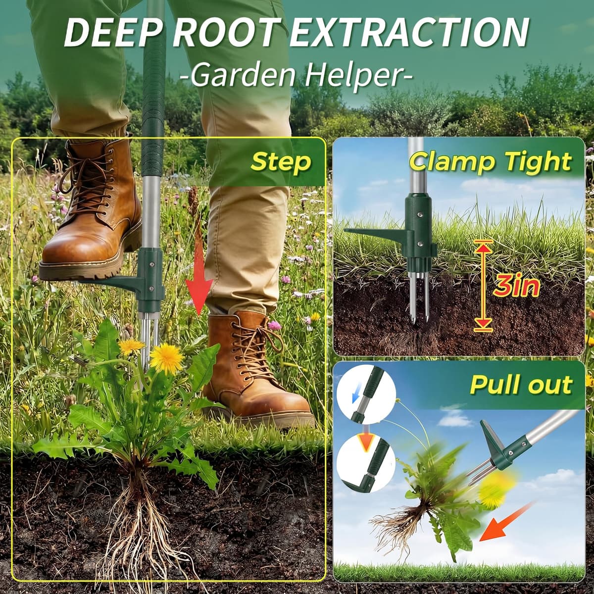 Weed Puller Root Remover with Long Handle, 3 Claw Manual Weeder Tool for Removing Garden Dandelions and Lawn Crabgrass — view 3