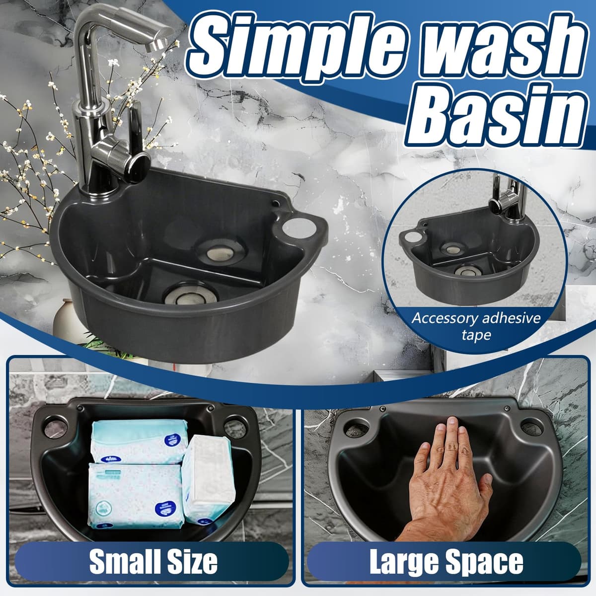 Lavabo de Pared de Plástico con Grifo Mezclador, Kit Completo con Tubo de Desagüe y Mangueras Lavamanos Compacto para Baño Jardín y Camping (Gris) — view 3