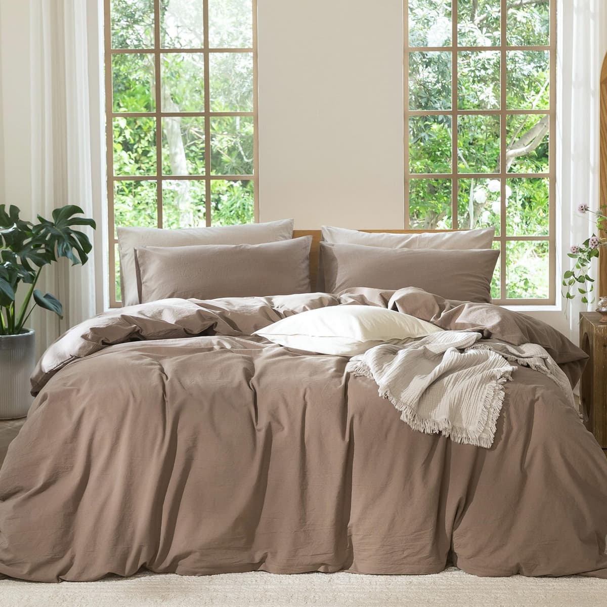 MooMee Bedding Duvet Cover Set 100% Washed Cotton Linen Like Textured Breathable Durable Soft Comfy (Tannish Linen Grey, King) — view 109