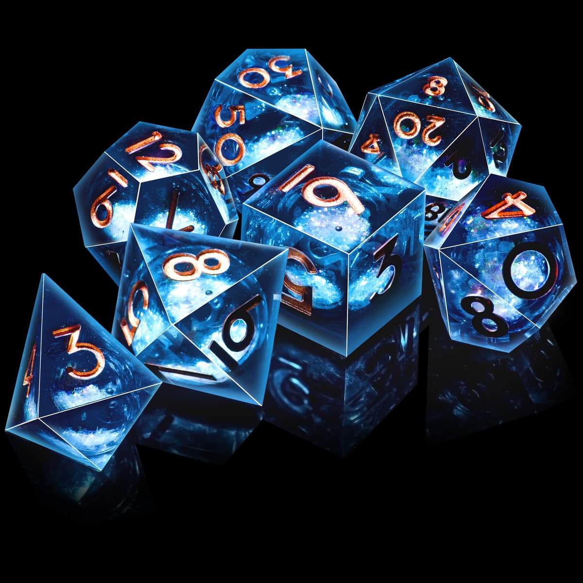 SIQUK 7 Piezas Dados Nucleo Liquido Juego Dados Poliedricos D4 D6 D8 D10 D12 D20 D% DND Dice para RPG MTG Dungeons and Dragons, Azul & Negro, Dorado — view 4