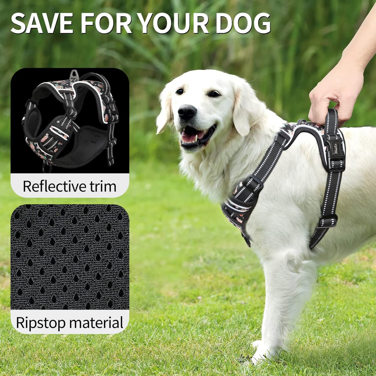 HEELE Arnés Reflectante para Perro, con Control de Mango Acolchado, 2 Anillos de Metal, arnés para Perros pequeños, medianos y Grandes, Flores-Negro, L — view 7