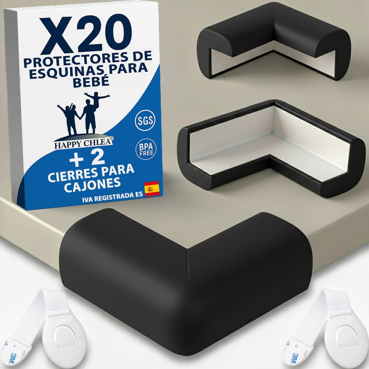 Happy Chlea 20 Protector Esquinas Bebé de Goma con Tecnología Espuma Activa + 2 Cierres Seguridad Cajones, Esquineras para Cama, Mesa y Muebles — view 10