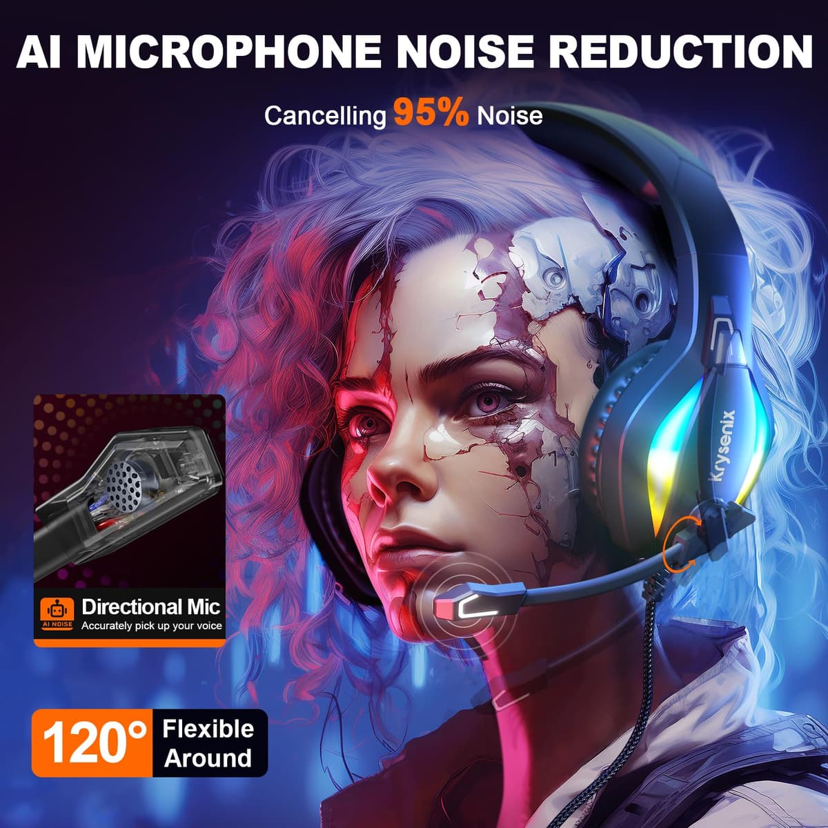 Krysenix PG1 RGB Gaming Headset for PS4, PS5, PC, Switch, Xbox, Headset with LED and Gaming Headphones with Microphone, Noise Cancelling Headphones with 3.5mm Jack,Deep black — view 3