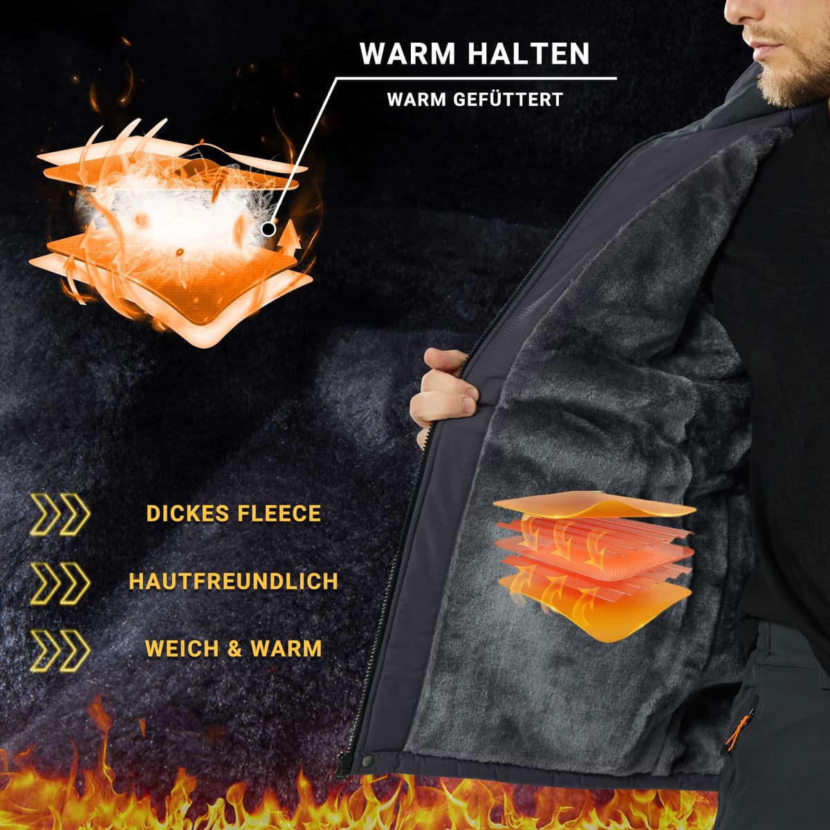 KEFITEVD Hombre Impermeables Lana Chaquetas Impermeables Esquí Cálidos Invierno Abrigos Térmicos Exteriores Abrigos con Capucha Desmontable — view 3