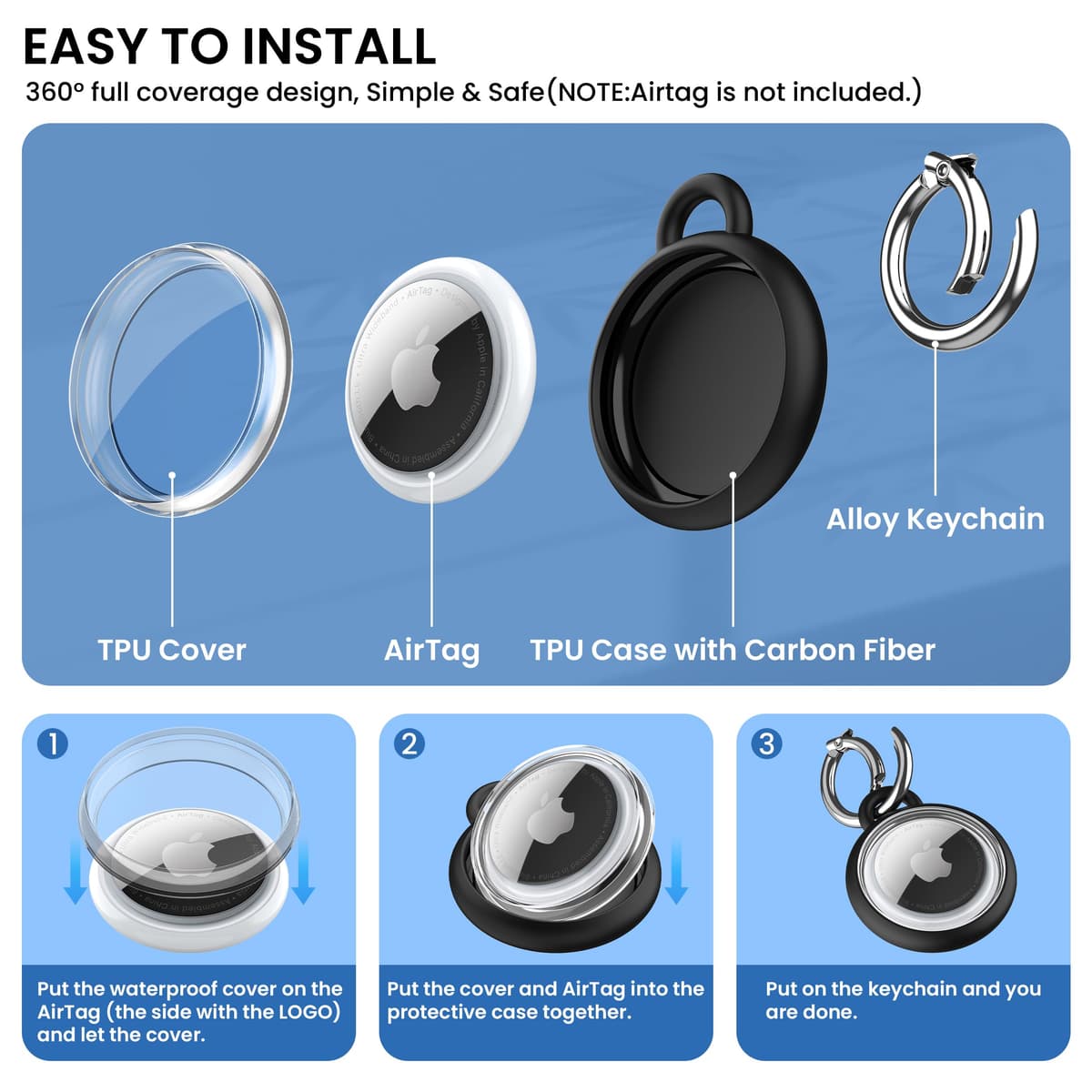 AirTag Holder Waterproof Silicone Case with Keyring, 2026 Upgraded Protective AirTags TPU Case Tracker Cover for Keys, Bags, Luggage, Pet Collars,Scratch-Resistant for Apple Air Tags (Black) — view 3