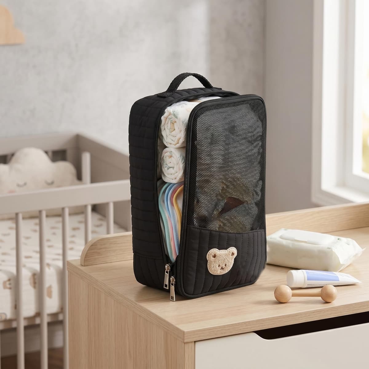 Diaper Bag Organizers, Diaper Bag Organizer Pouch, Cartoon Bear Quilted Mesh Storage, Cube For Travel, Baby Essentials & Toiletries Organization (black Bear), Organizer Pouches — view 5