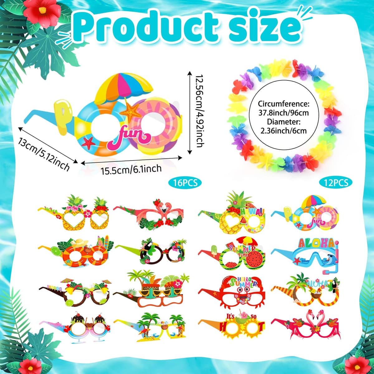 Hawaiian Party Decorations Set - 12 Hawaiian Garlands & 16 Paper Glasses for Summer Beach & Festival Themed Party Accessories — view 4