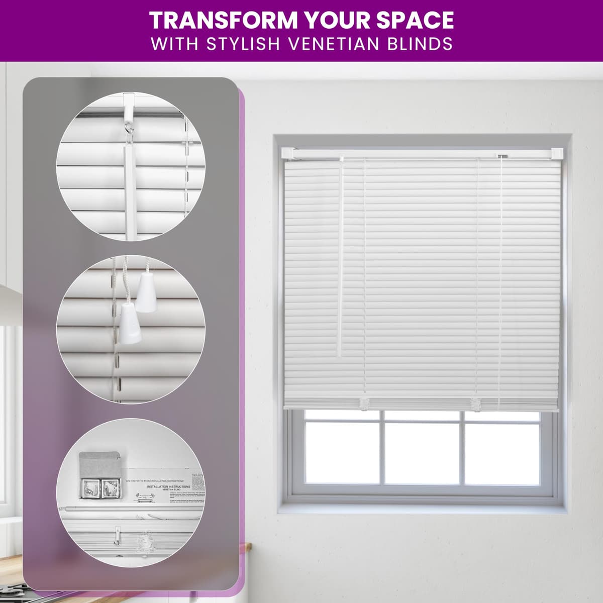 FURNISHED Venetian Blinds Window Venetian Blind Easy Fit PVC Shutters Trimmable Shades for Home Kitchen Windows Treatment Shutters 25mm Slats Complete Child Safe Fittings - White 75W x 150L cm — view 3
