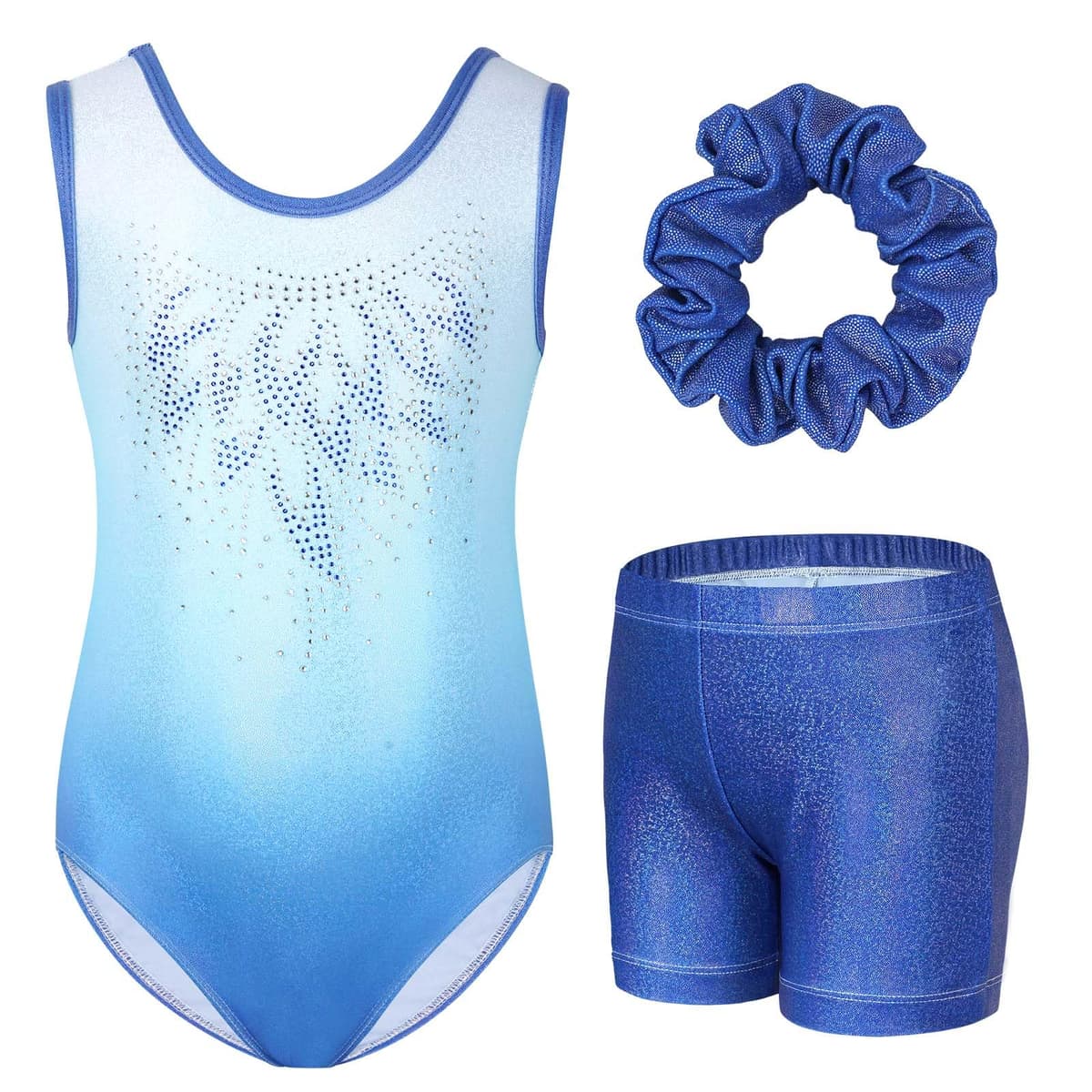 Gogokids Conjunto de gimnasia de tres piezas para niña, cuello en Y, sin mangas, con pantalones cortos y diadema, traje de gimnasia con diseño de bloques de color azul y morado, 3-12 años