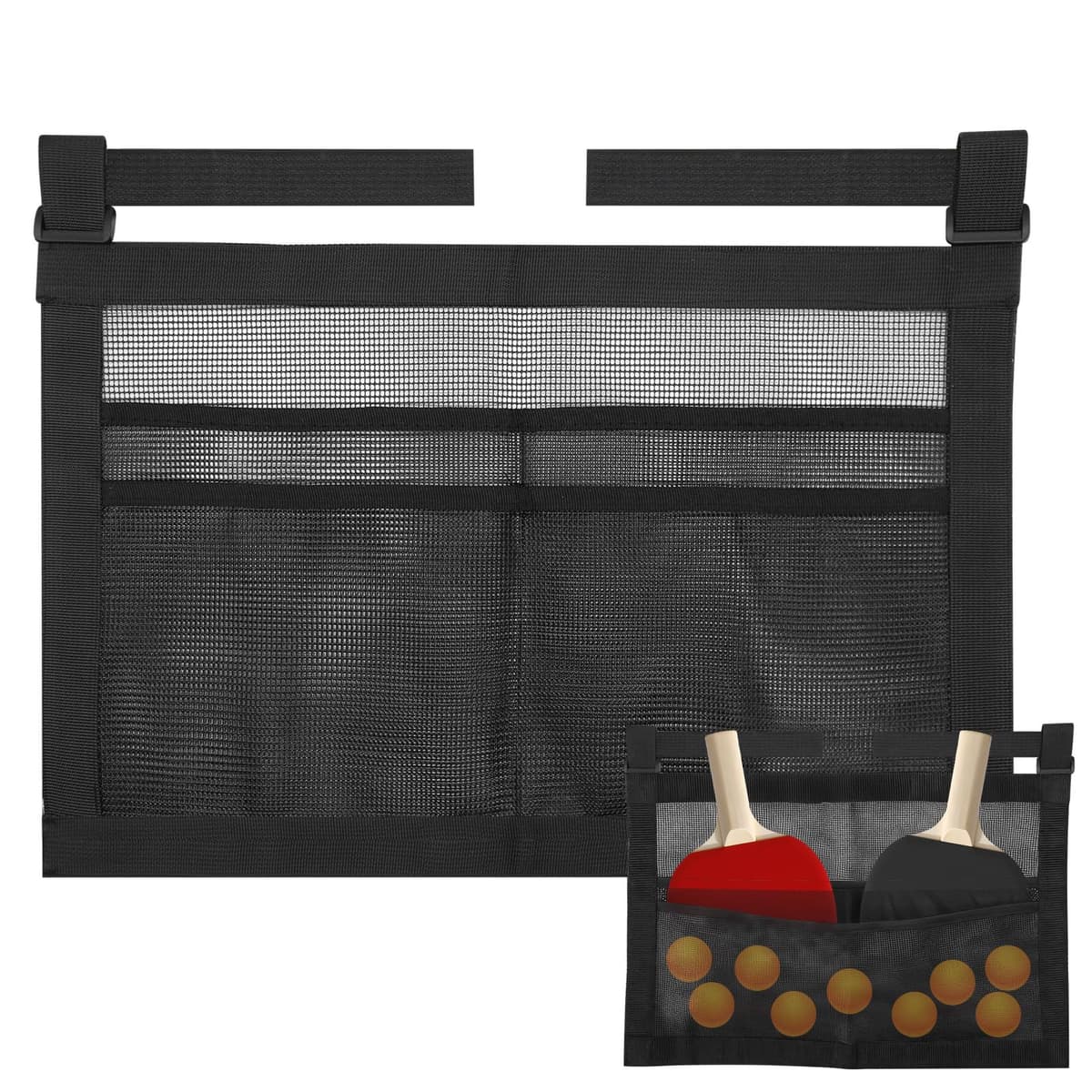 CYUXING Bolsa de Almacenamiento para Palas de Ping Pong con Malla, Accesorios Negros Sencillos para Pelotas y Palas, Soporte Deportivo con Correas, fácil de Instalar
