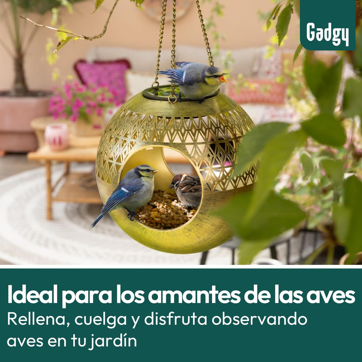 Gadgy Comedero Solar para pájaros Colgante – Diseño Redondo Moderno de Metal – Comedero para pájaros 360° con iluminación Solar – Casa para pájaros Impermeable para jardín, balcón, terraza — view 2