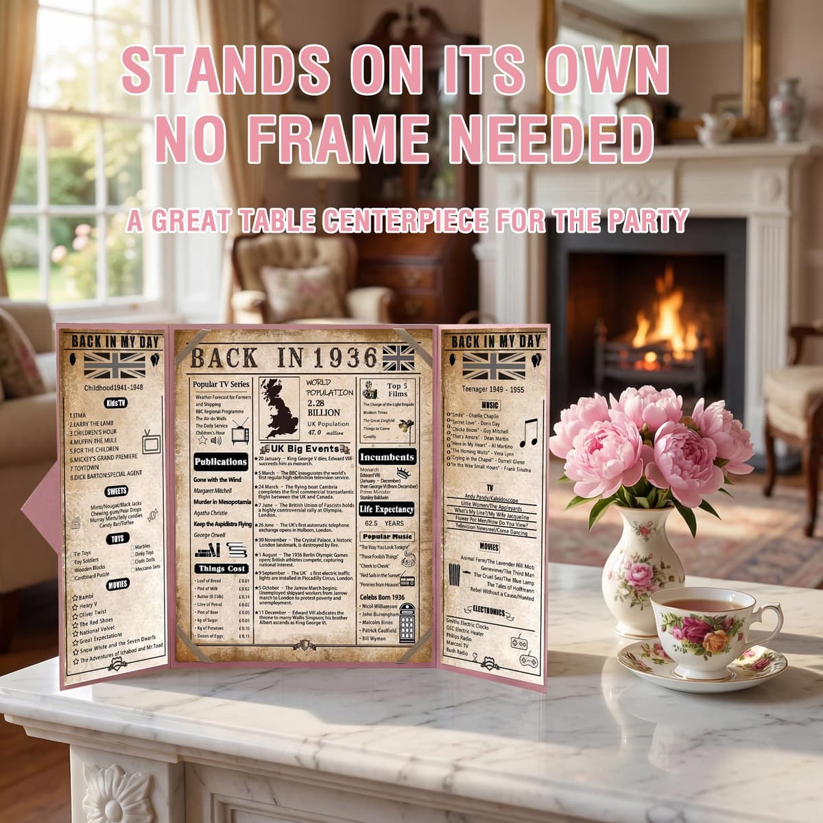 back in 1936 90th Birthday Gifts for Women - Large Trifold 90th Birthday Card & Table Centrepiece - Pink 90 Year birthday Decorations for Mum Grandma Nan - 1936 Poster No Frame Needed — view 7