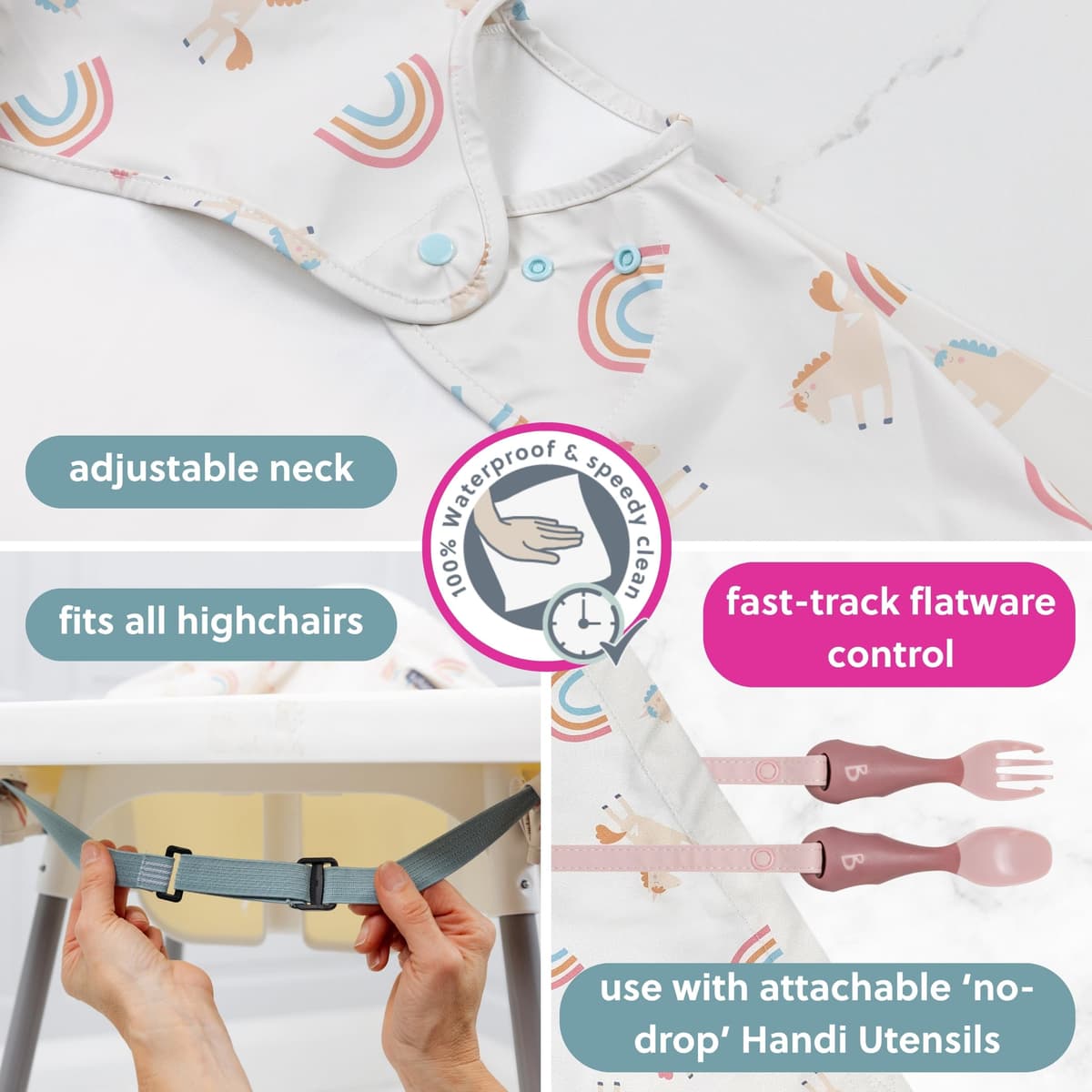 BIBaDO - Short Sleeve Baby Bibs - Babies & Toddlers 6-36 Months - Coverall Weaning Bib - Easy Wipe Clean & Soft Fabric - Attach to Highchair & Tables - Waterproof - Machine Washable — view 4