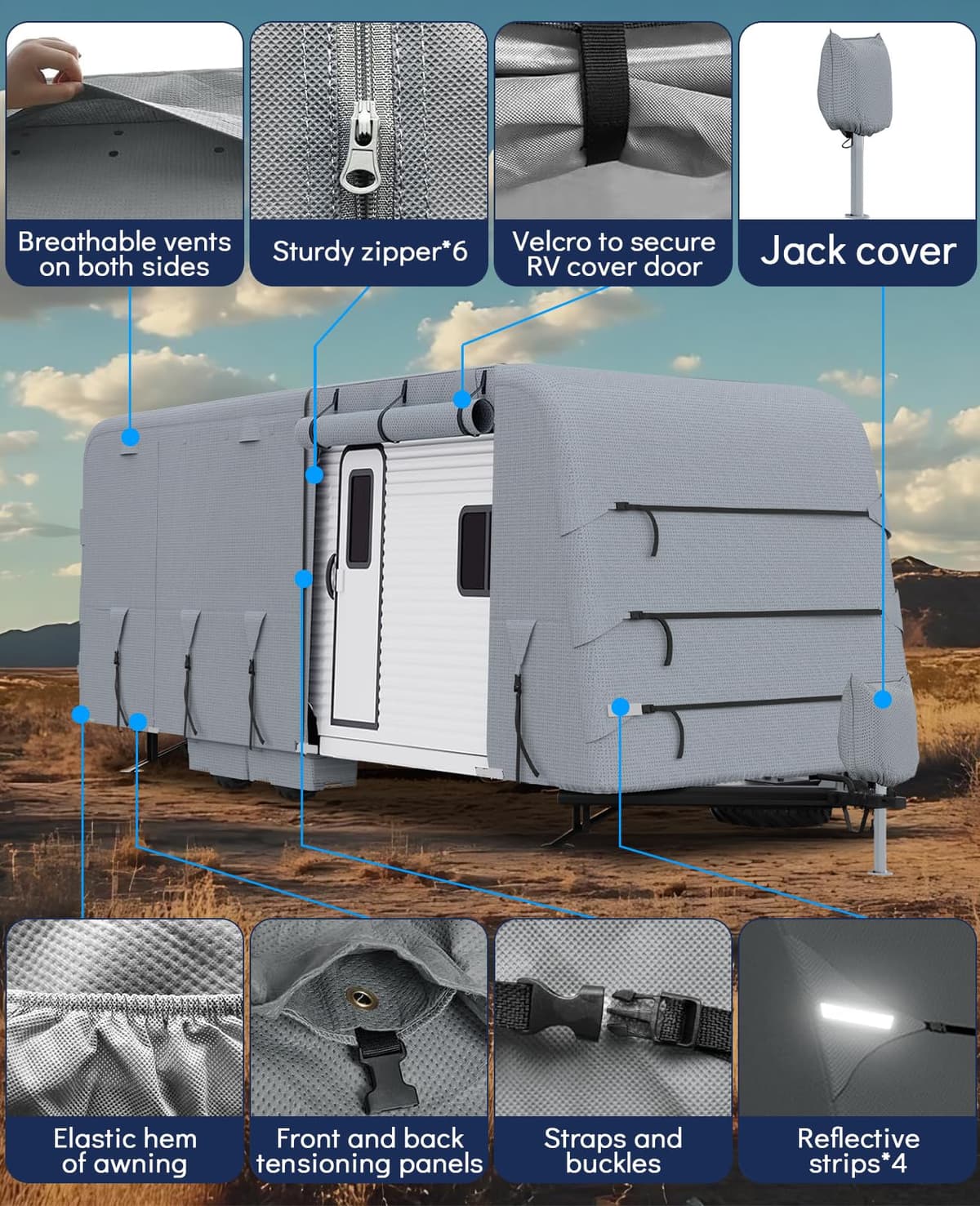 Heavy-Duty Caravan Cover with 4-Layer Technology Waterproof, Breathable, UV-Resistant & Windproof Straps for Motorhomes (18-30+ ft Sizes) — view 5