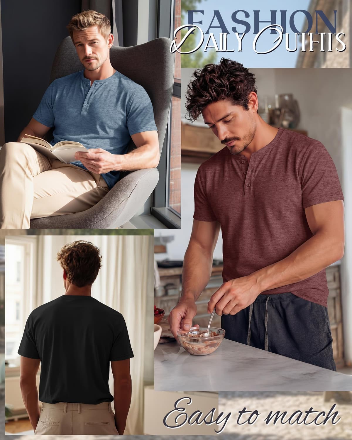 Ficerd 3 Piezas Camisetas Henley para Hombres de Talla Grande y Alta, Manga Corta, Oversize Holgadas, Básicas Casuales Tops — view 5
