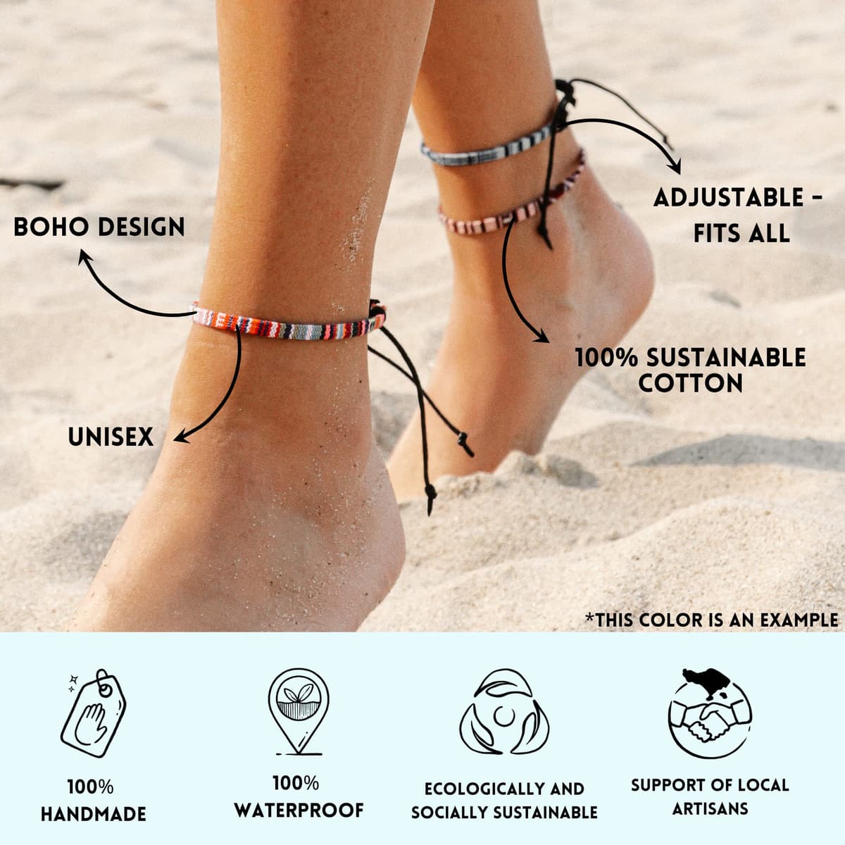 Made by Nami Tobilleras Mujer Impermeables Ajustables 19-38cm Pulseras Boho de Hilo Algodón 100% Turquesa — view 6