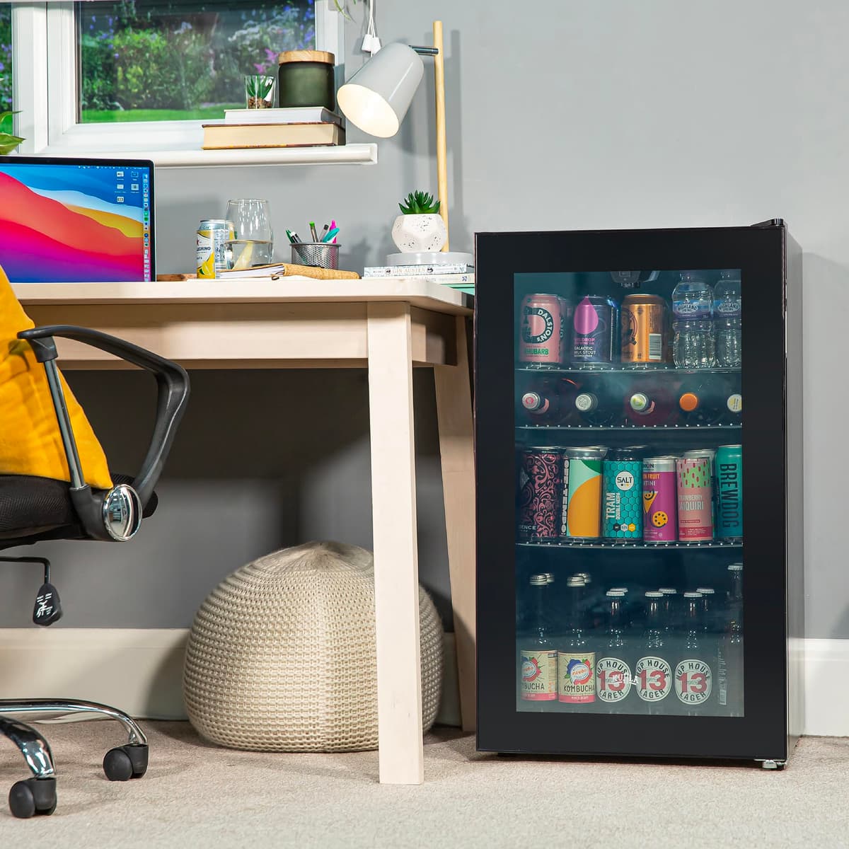 Mini Fridge 93 Litre Undercounter Freestanding Beverage/Drinks Wine Fridge for Beer in Black, LED Light, Drinks & Snacks Glass Door, 3 Adjustable Shelves, Energy Efficient, K48BC101B — view 4