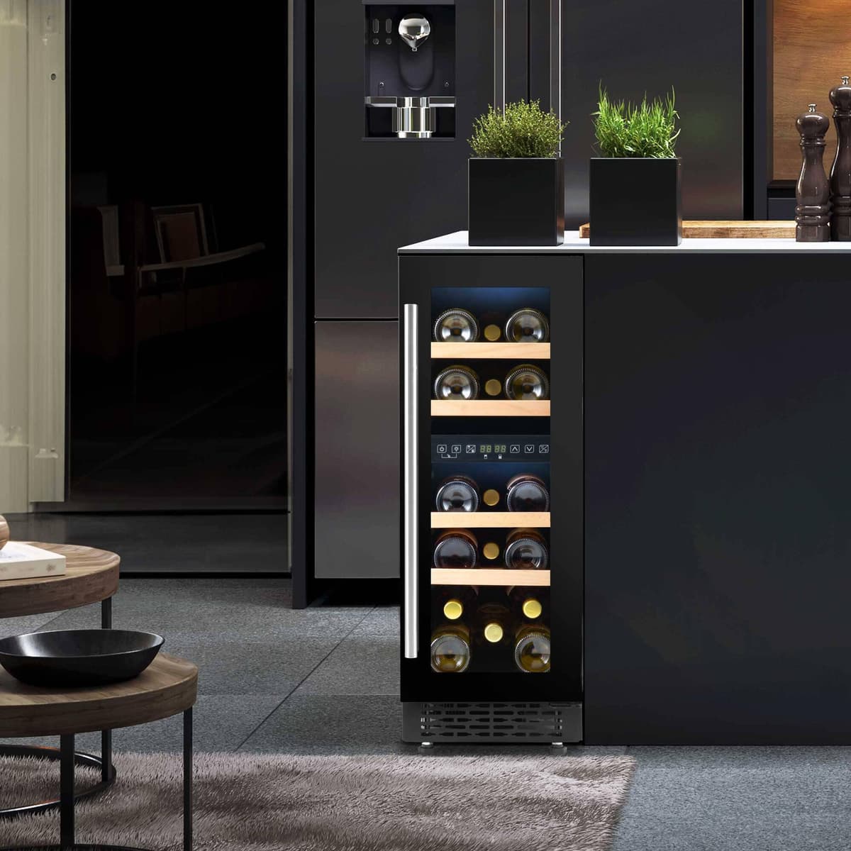 Baridi 17 Bottle Dual Zone Slim Built-In 30cm Wine Cooler, Touch Screen Controls, Wooden Shelves, LED, Black - DH204 — view 2